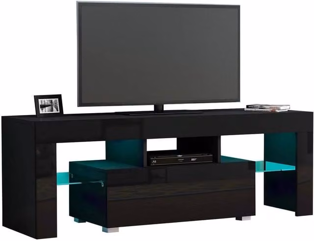 KORVIXA Modern Glossy Black TV Unit Stand with Integrated Lighting and Media Compartments, W/D/H: 100 x 100 x 100 cm