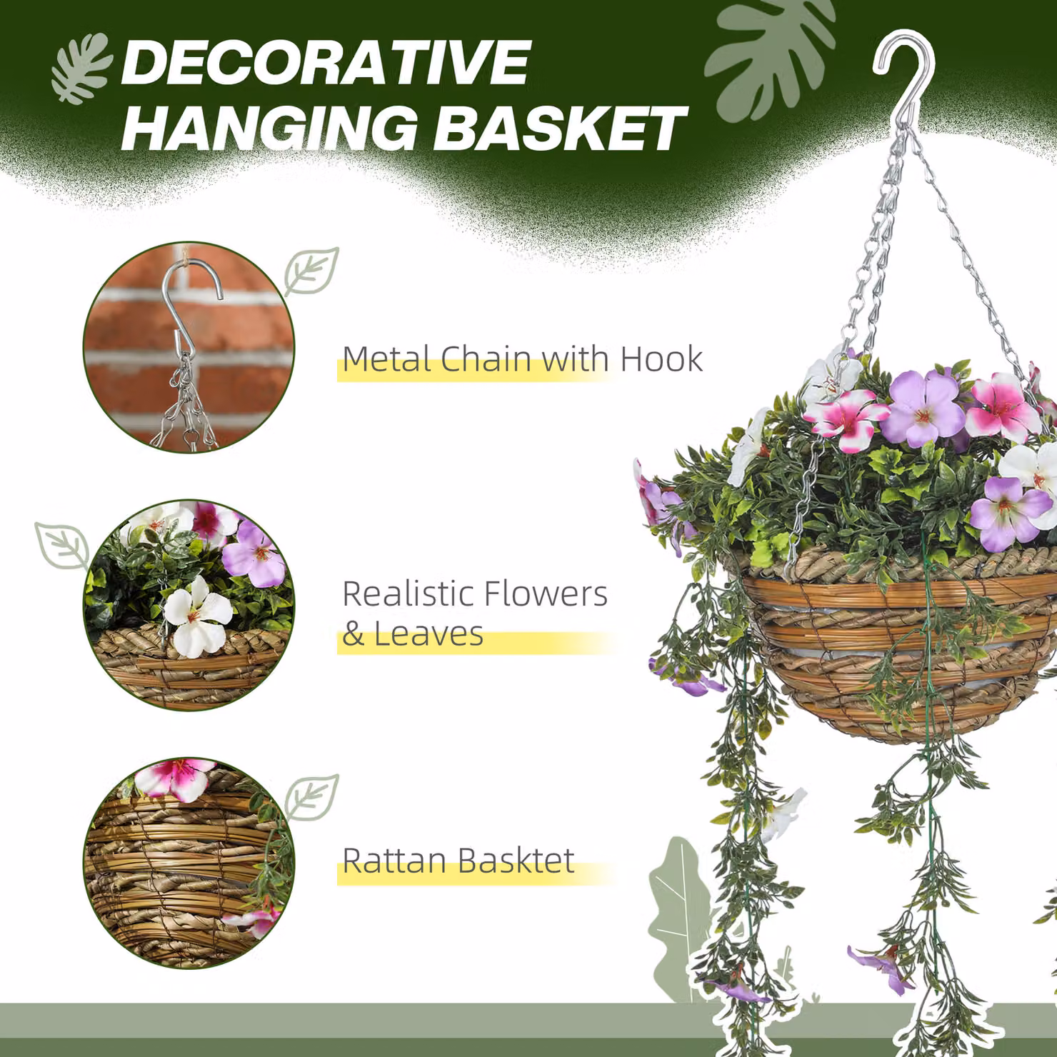 HOMCOM Set of 2 Pink and White Artificial Azalea Flowers in Metal Hanging Baskets – 2
