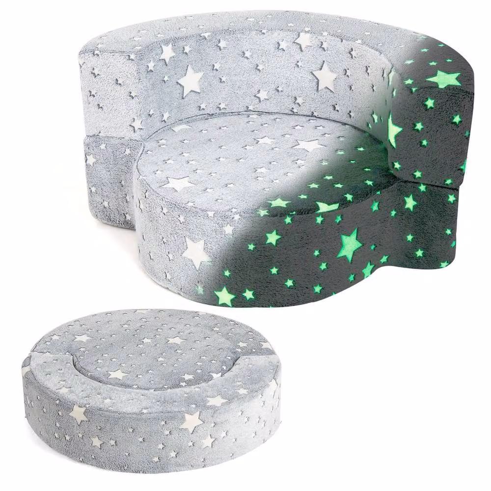Costway Glow-in-the-Dark Kids 2-in-1 Toddler Sofa and Game Mat with Washable Grey Cover – 4