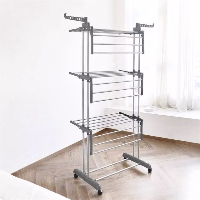 Rainberg Grey 4 Tier Foldable Clothes Airer Rack with Wheels and Hooks, W/D/H: 173.0 x 76.0 x 4.0 cm