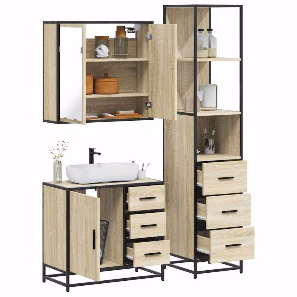 Berkfield Home 3 Piece Industrial Bathroom Furniture Set in Sonoma Oak and Brown – 2