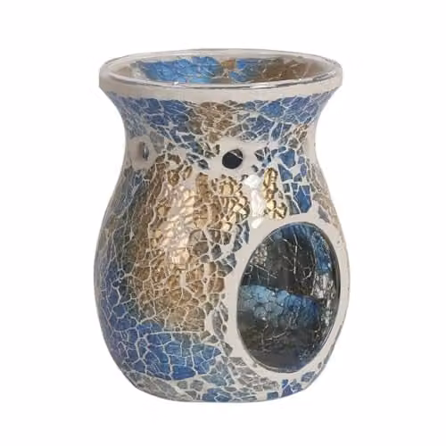 Aroma Blue and Gold Crackle Glass Tealight Wax Melt Warmer, H 14 cm
