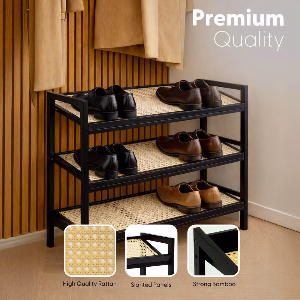 Keplin 3-Tier Bamboo and Rattan Shoe Organiser Rack in Black, W: 54 cm, H: 70 cm, D: 29 cm – 3