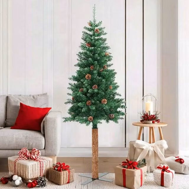 Berkfield Home Slim Green Christmas Tree with Real Wood and Cones, Height: 180 cm