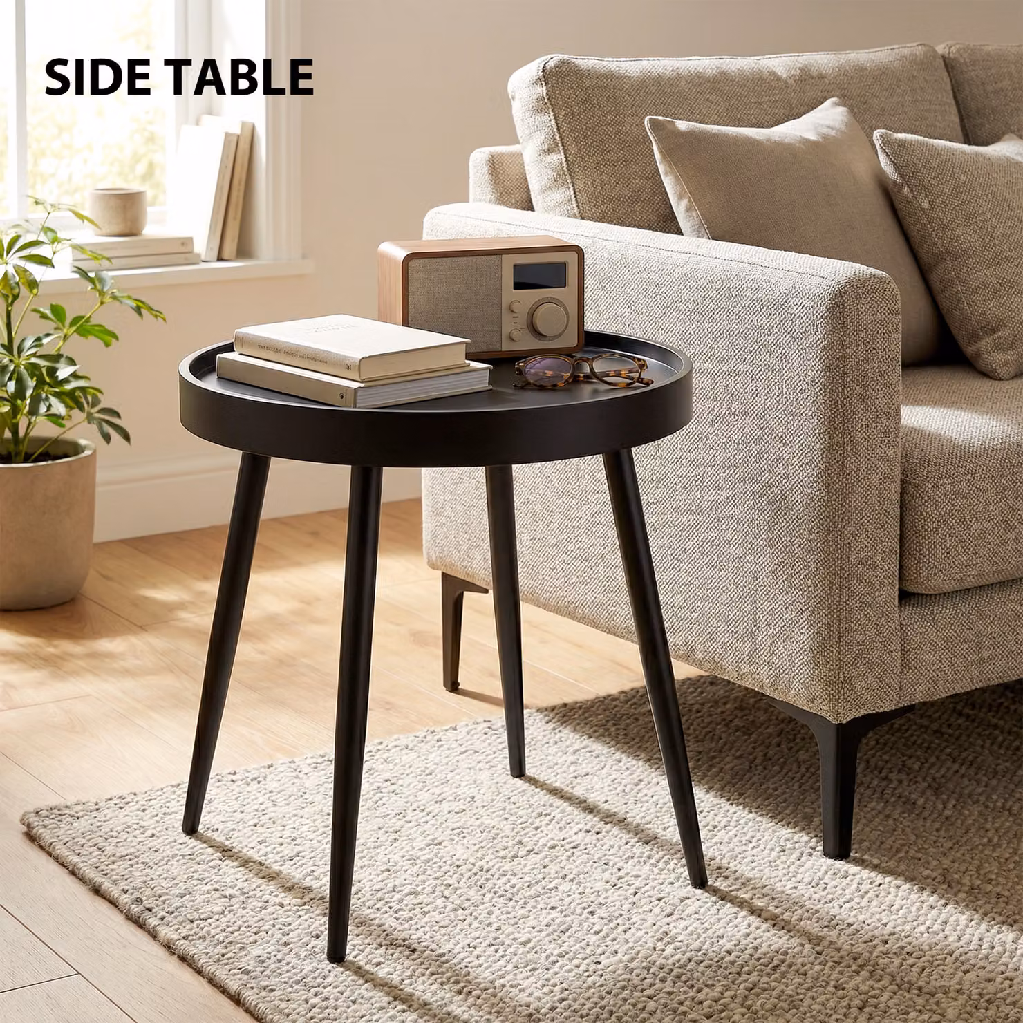 Outsunny Round Garden Coffee Side Table with Plastic Tray-Style Top and Metal Legs, Black, Diameter: 49.5 cm – 7