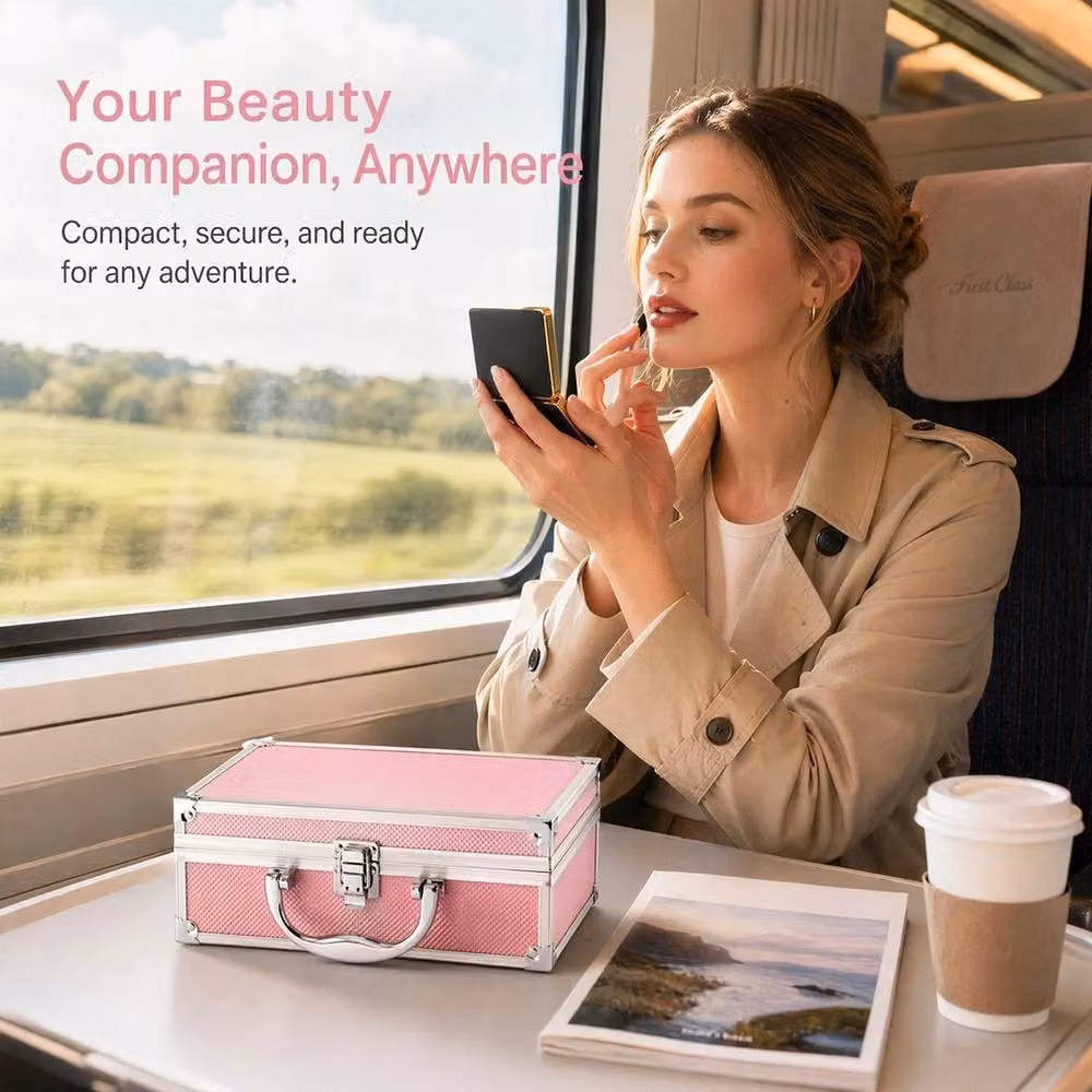 EONLION Pink Metal Lockable Makeup Train Case with Handle – 3