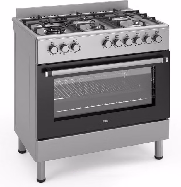 Ferre 90cm Dual Fuel Range Cooker in Stainless Steel with 6 Burners and Double Turbo Fan