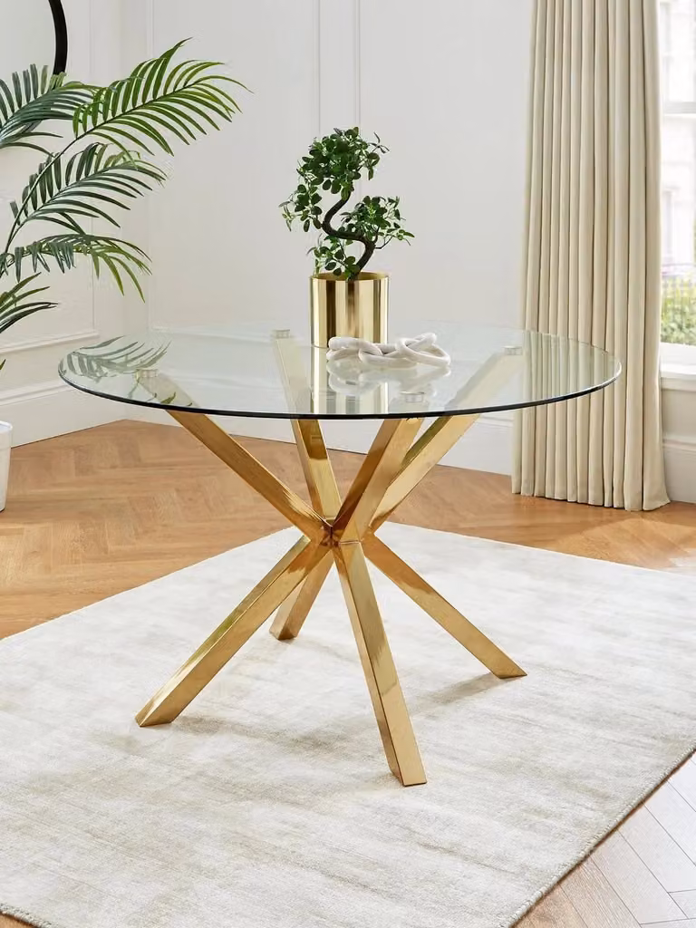 The Very Collection Chopstick Round Glass Dining Table with Gold Metal Legs, Diameter: 120 cm, Height: 75 cm