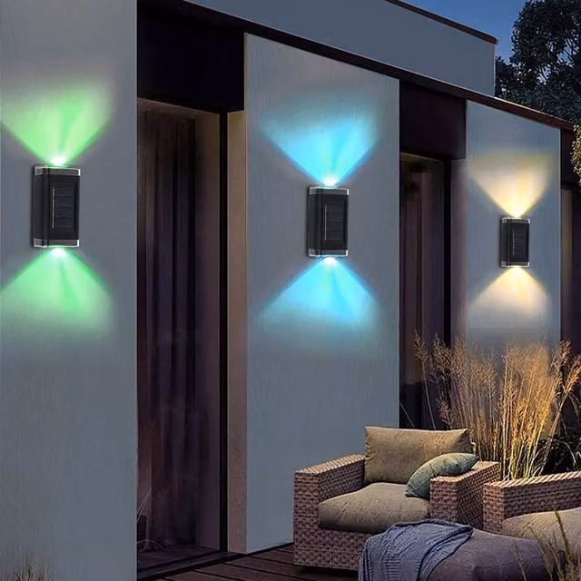 FLAVORA 4-Piece Set of Modern Black Solar LED Wall Lights with Dusk Sensor for Garden and Step Lighting