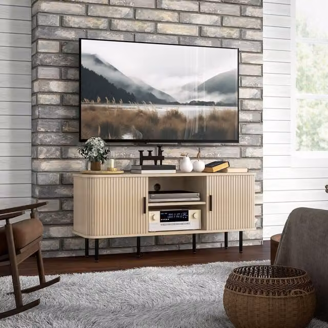 HOMCOM Mid-Century Oak TV Console Cabinet for TVs up to 55 Inches in Beige