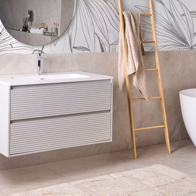 Wyld and Coco Wall-Mounted Grey Bathroom Cabinet with 2 Drawers W: 100 cm, D: 46 cm, H: 55 cm – 1