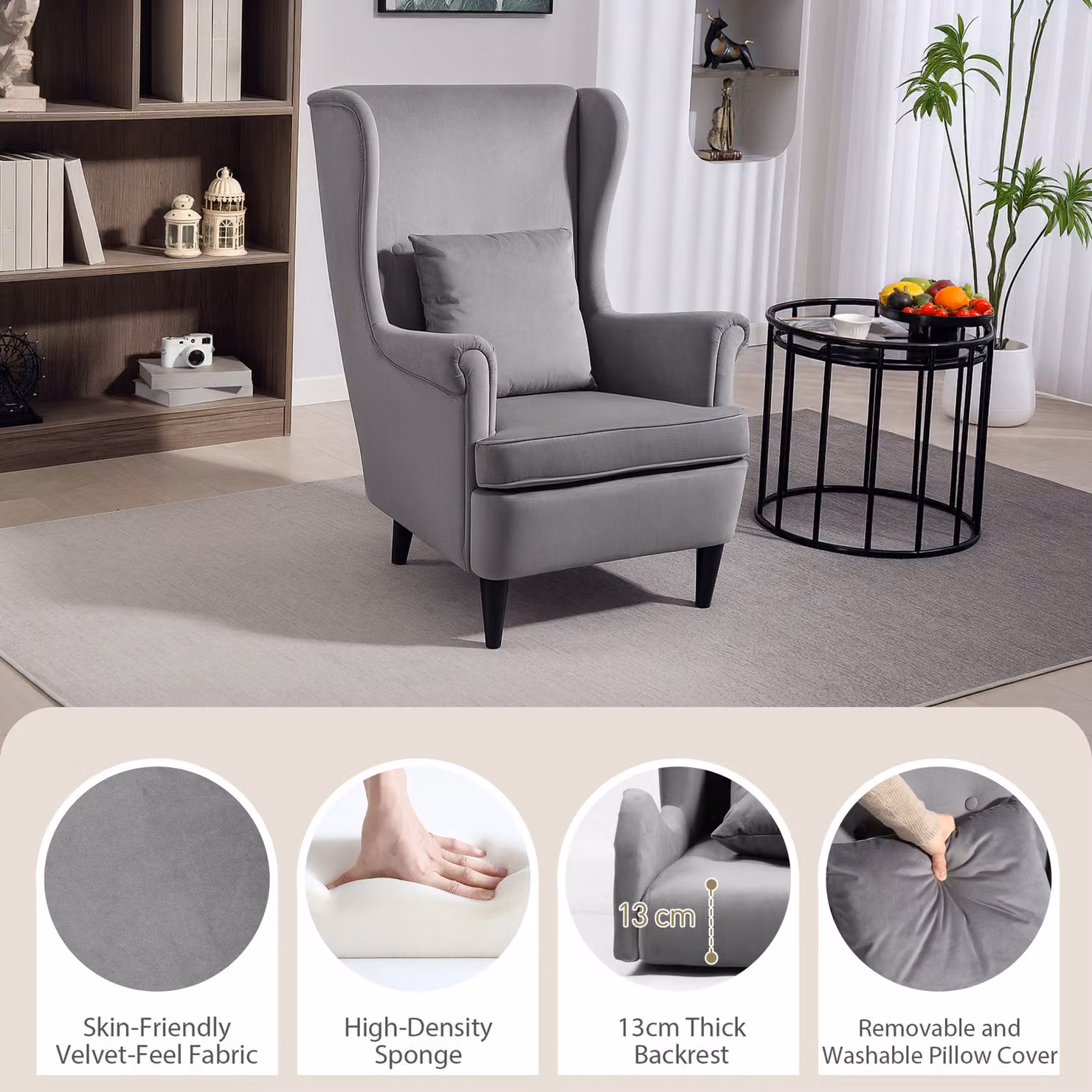 HOMCOM Dark Grey Velvet Wingback Armchair with High Backrest, Pillow and Solid Wood Legs – 4