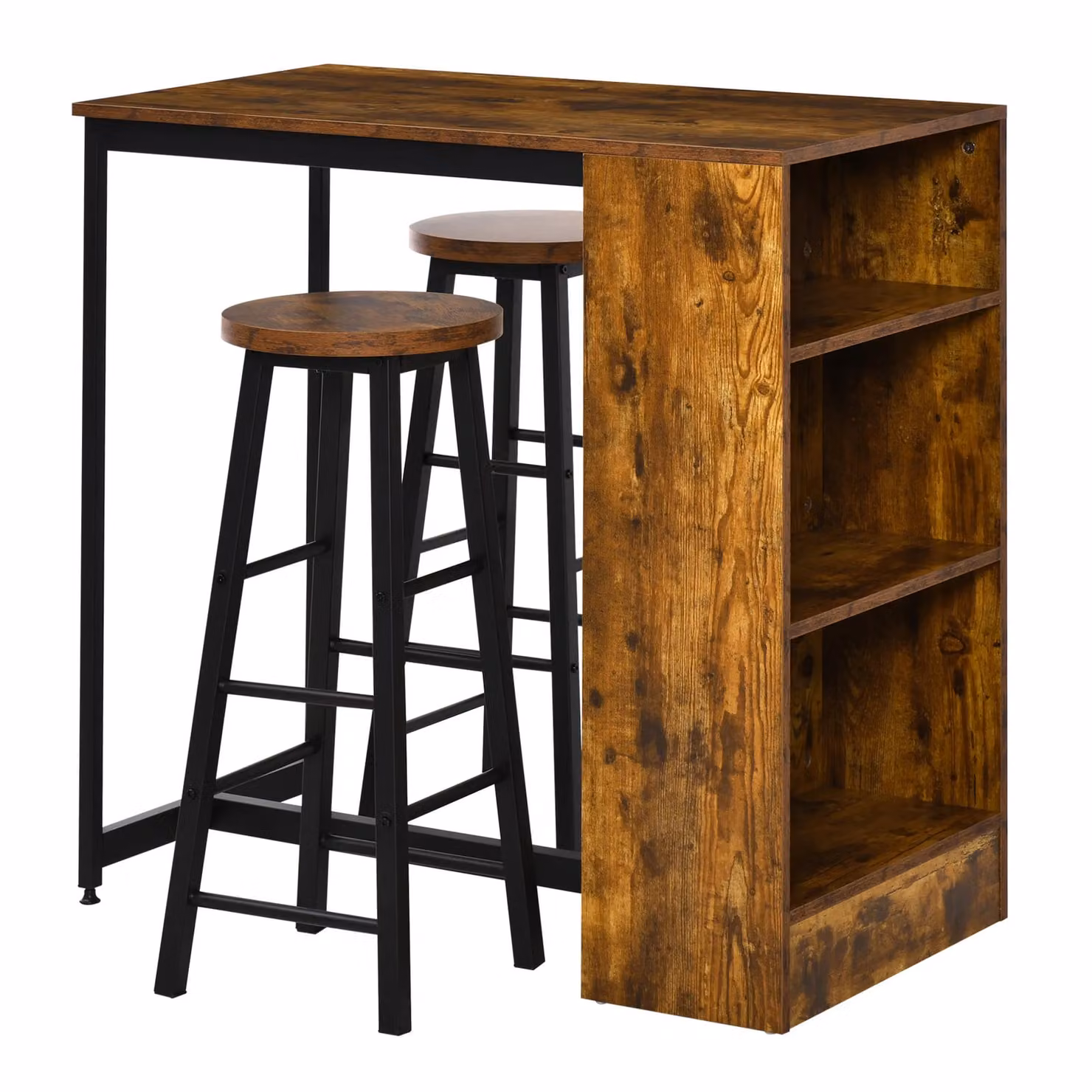 HOMCOM 3 Piece Bar Table Set with 2 Stools and Storage Shelf in Dark Brown and Black – 2