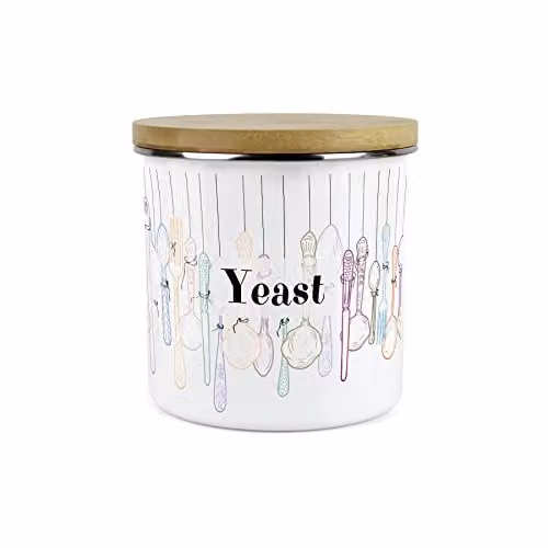 Purely Home Vintage Cutlery and Yeast Storage Canister, White Enamel and Bamboo Kitchen Food Container