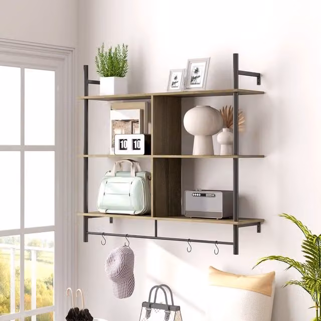 HOMCOM Industrial Wall Mounted Floating Shelves with 4 Hooks in Grey Wood Effect