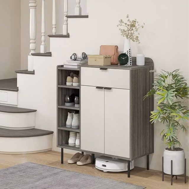 HOMCOM Minimalist Grey and White Shoe Cabinet with 4-Tier Open Shelf and Hinged Doors