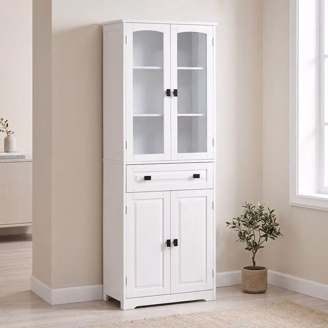 STILVORA White Tall Kitchen Cupboard with Glass Doors, Internal Drawers and Shelves, W/D/H: 60.0 x 30.0 x 160.0 cm – 1