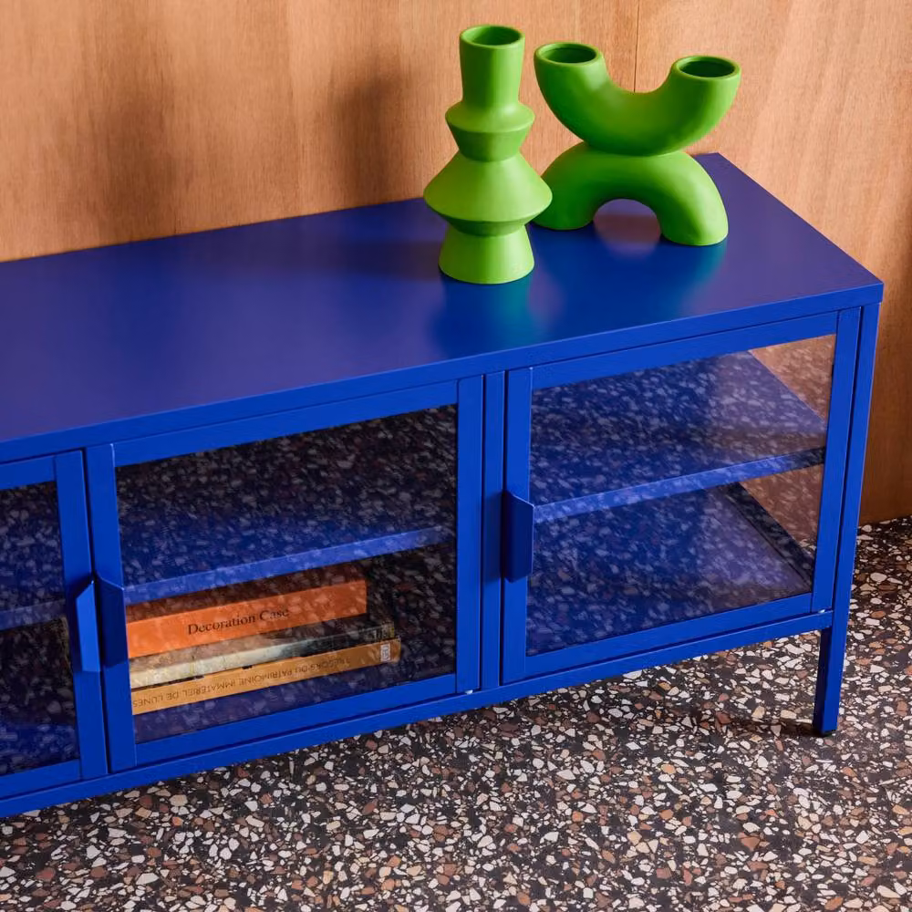 sweeek Industrial Metal and Tempered Glass TV Stand with 3 Doors, Blue, W: 120 cm, D: 35 cm, H: 55 cm – 3