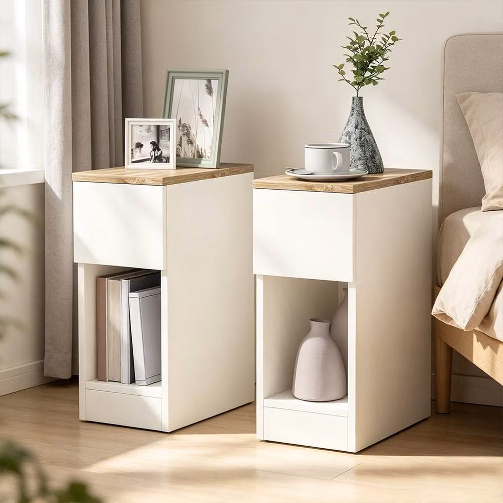 ERGOVEXA Set of Two Modern Bedside Tables with Drawers in White and Beige – 2