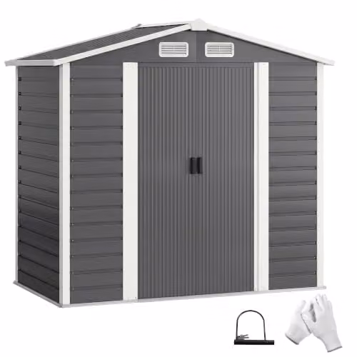 Outsunny Metal Garden Shed in Grey with Double Doors, Lock and Foundation Kit