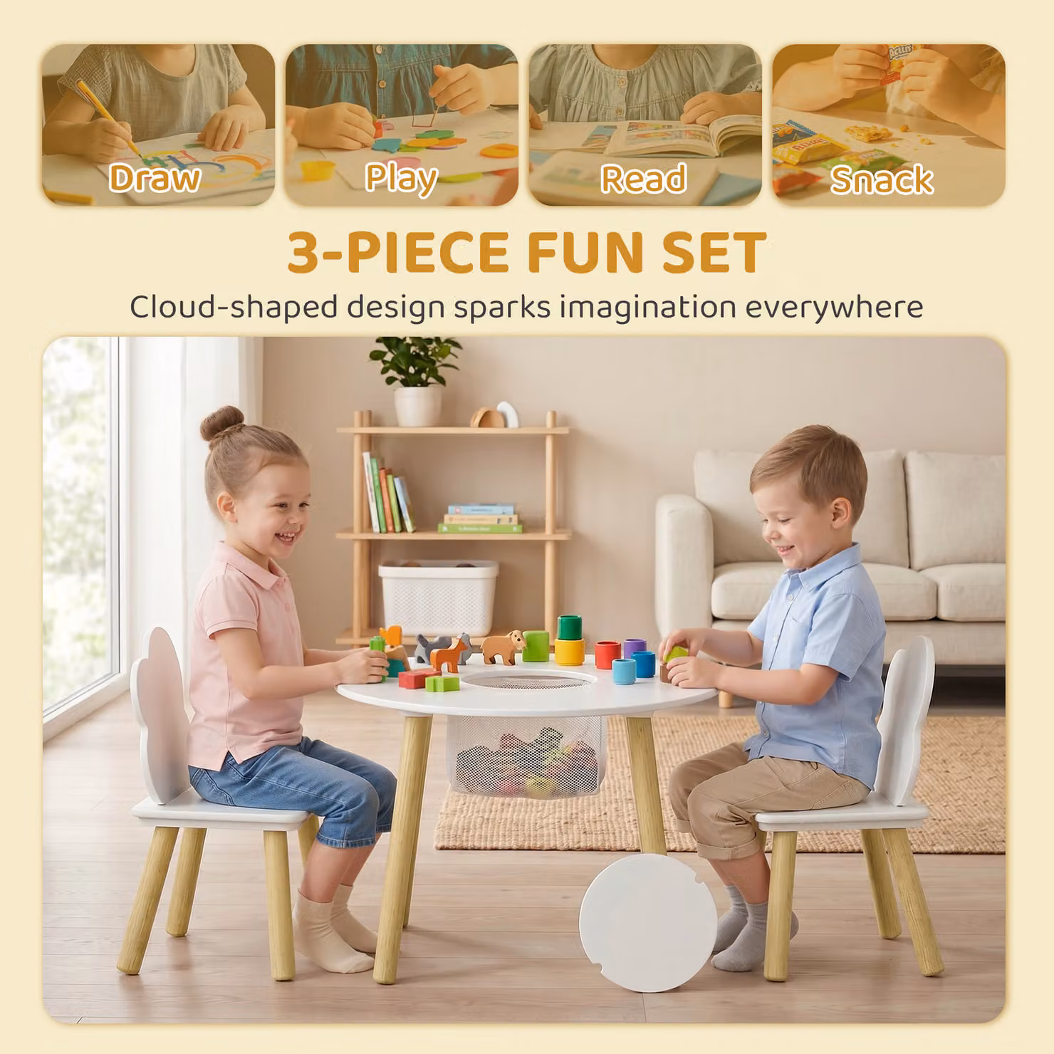AIYAPLAY 3 Piece Kids Table and Chairs Set with Storage Bag, White Round Wooden Toddler Furniture Set for Playrooms – 2