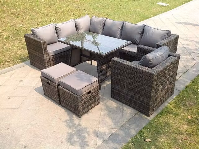 Fimous 9 Seater Grey Rattan Corner Sofa and Dining Table Set with Chairs and Footrests for Garden Use – 1