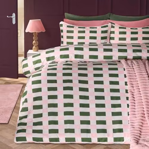 OHS King Size Checkerboard Microfibre Duvet Cover and Pillowcase Set in Green and Pink, W/D/H: 220 x 220 x 180 cm