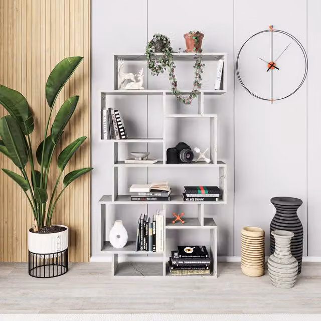 Karmato Modern Cube Bookcase and Display Unit in Gold and White Marble Effect, W/D/H: 169.0 x 26.0 x 96.0 cm