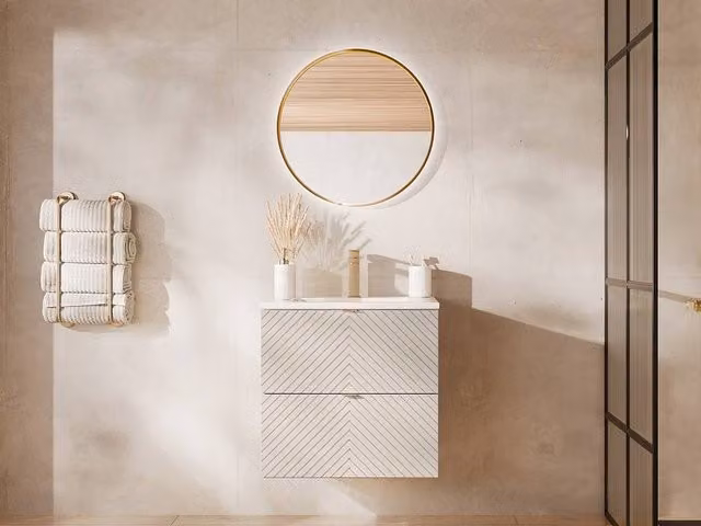 Vente-unique Chevron Wall-Hung Bathroom Vanity Unit with Inset Basin in Beige, Width: 60 cm