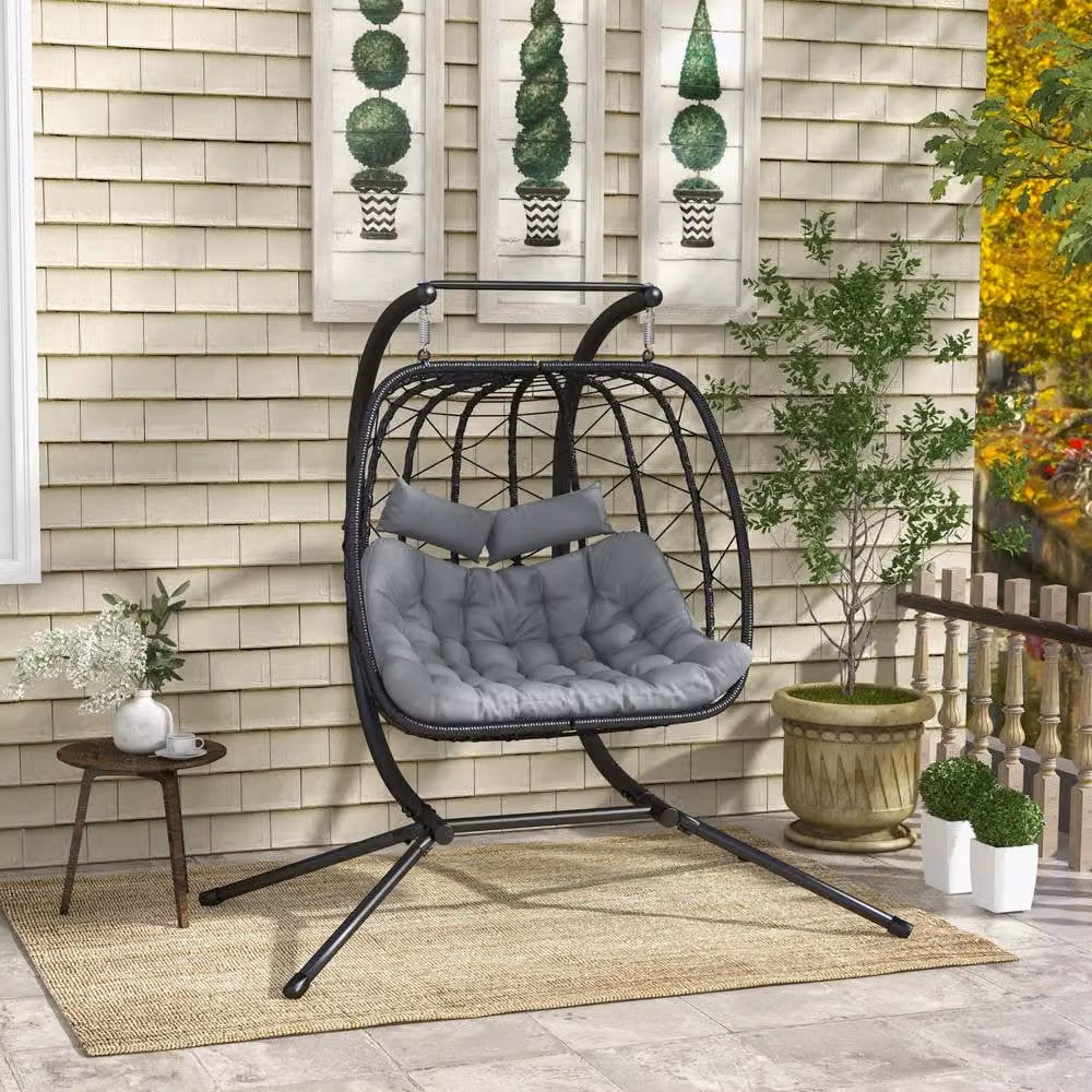 ERGOVEXA Two-Seater Hanging Egg Chair with Steel Frame, Black, H 189 x W 132 x D 132 cm – 4