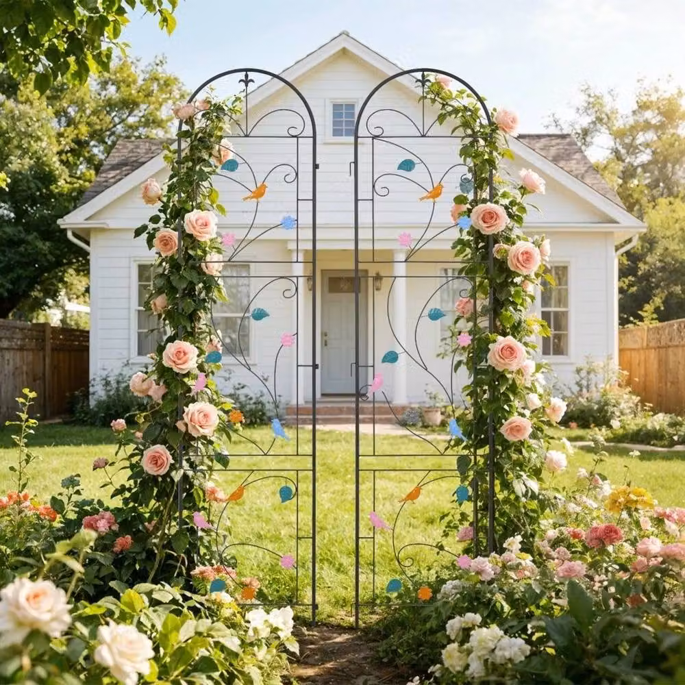 Hinsinc 2-Piece Metal Garden Trellis with Multicolour Bird and Floral Design in Black, W/H: 48 x 214 cm – 3