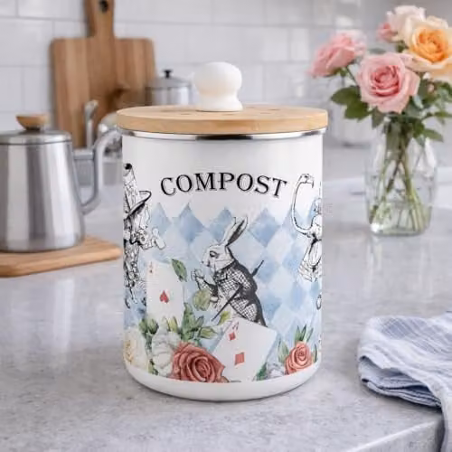 Purely Home Alice's Adventures in Wonderland Compost Caddy - Blue Metal Food Waste Bin with Removable Inner Bucket and Odour Filter, 2 L – 2