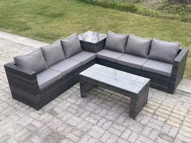 Fimous 6 Seater Rattan Corner Sofa Set with Square Side Table and Oblong Coffee Table in Dark Grey