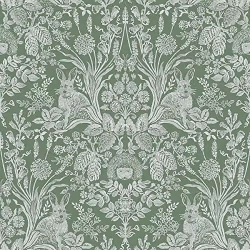 Holden Decor Harlen Pink Damask Wallpaper with Trees, Flowers, Hedgehogs, Leaves and Rabbits
