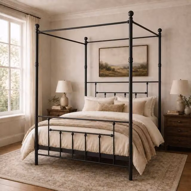 SquareBoxx Charlotte Double Four Poster Metal Bed Frame with Metal Slats in Black, 140 x 200 cm