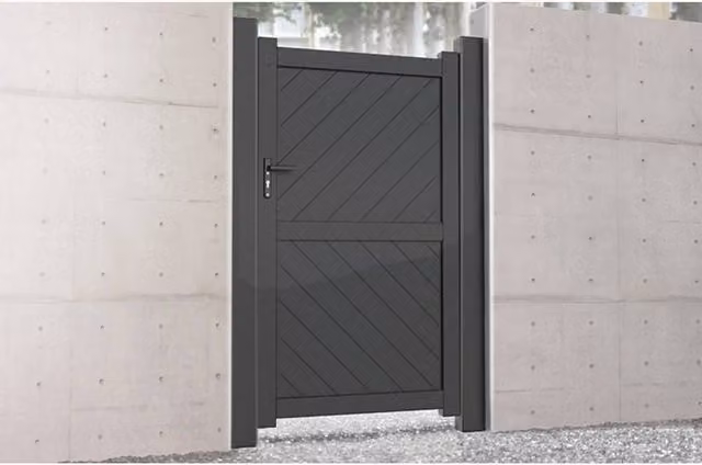 Ready Made Grey Aluminium Pedestrian Swing Gate with Diagonal Solid Infill and Flat Top, W: 90 cm, H: 160 cm