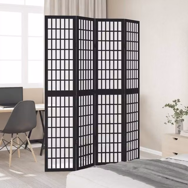 Berkfield Home 4-Panel Room Divider in Black Solid Paulownia Wood, H 200 cm x W 140 cm – 1