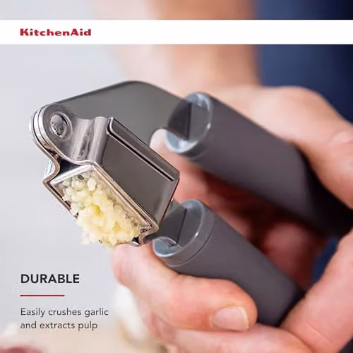 KitchenAid Soft Grip Stainless Steel Garlic Press in Grey with Ergonomic Grip and Dishwasher Safe Design – 3