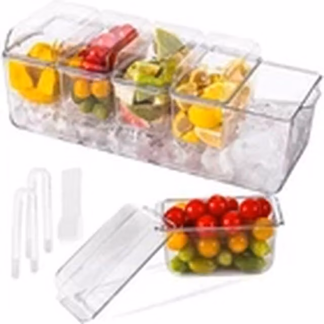EONLION Clear Acrylic Ice Chilled Condiment Server with 5 Trays and Lid