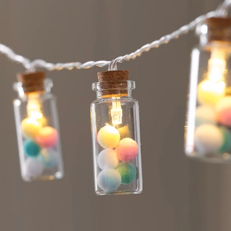 Lights4fun Multicolour Pom Pom LED String Lights with 10 Transparent Glass Cylinder Bottles and Timer