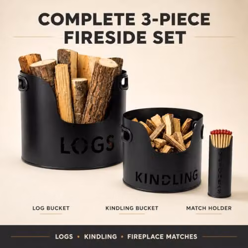 Almineez 3-Piece Black Metal Fireside Storage Set with Log Holder, Kindling Bucket and Matchstick Holder – 2