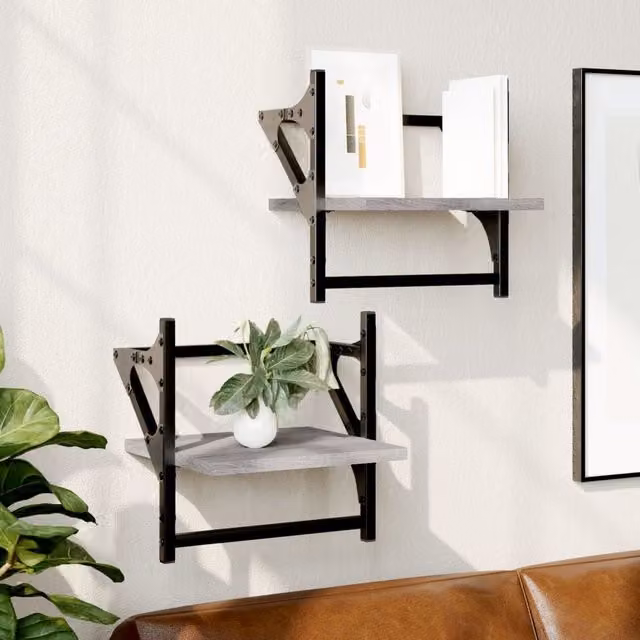 Berkfield Home Wall Shelves with Hanging Rods, 2 Piece Set, Grey Sonoma, W/D/H: 30 x 25 x 30 cm – 1