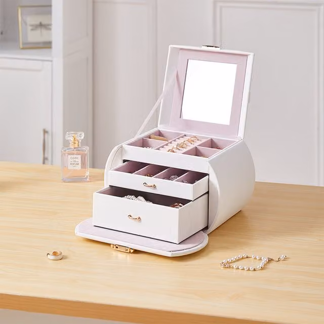 Komore Lockable Fabric Jewellery Box with Handles in White or Pink