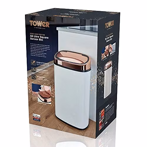 Tower Sensor Lid Kitchen Bin with Soft-Close Function, Stainless Steel, 58 Litre, White and Gold – 5