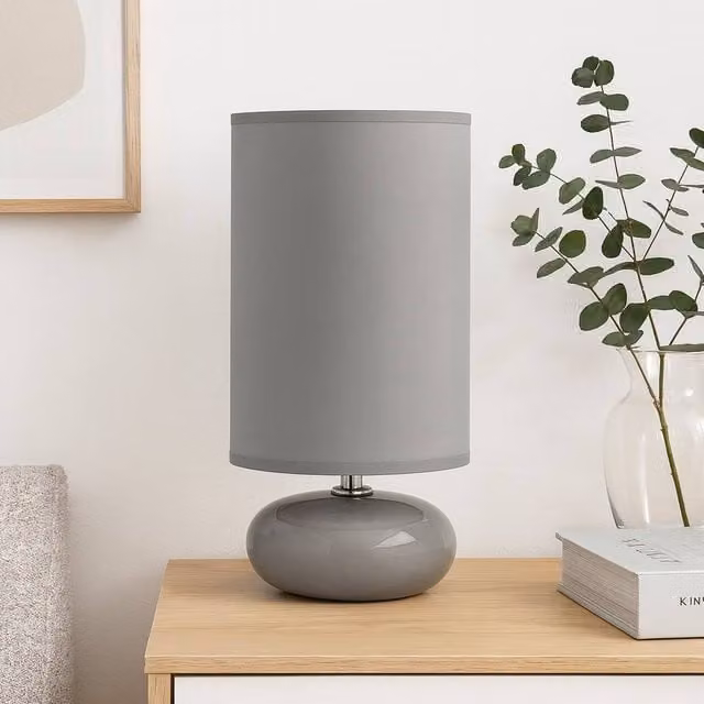 Voltico Pebble Table Lamp in Grey with Ceramic Base and Fabric Shade