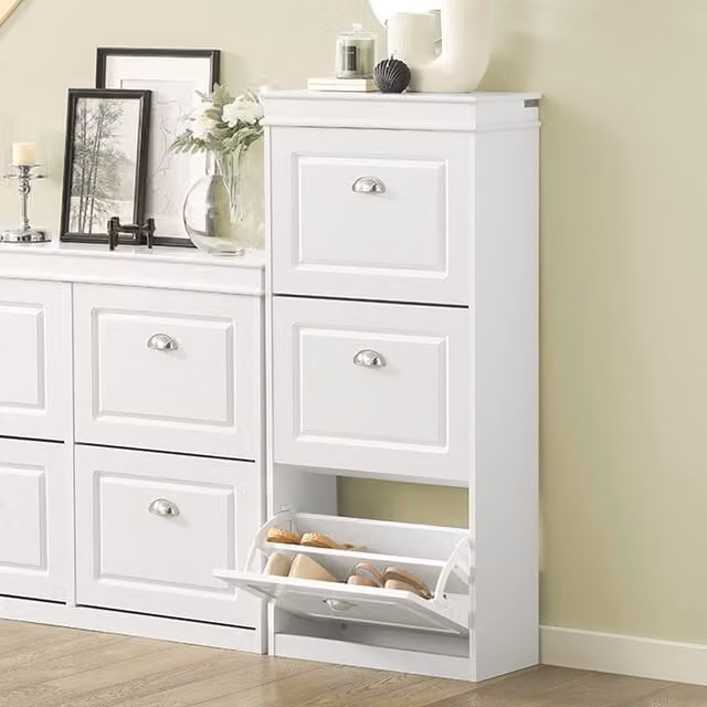 SoBuy Modern White Shoe Storage Cabinet with 3 Tilting Compartments for Hallway, H 117 x W 53 x D 24 cm