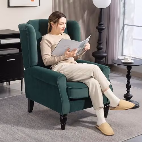 HOMCOM Retro Green Velvet Wingback Accent Chair with Solid Wood Frame, W/D/H: 74 x 102 x 86 cm