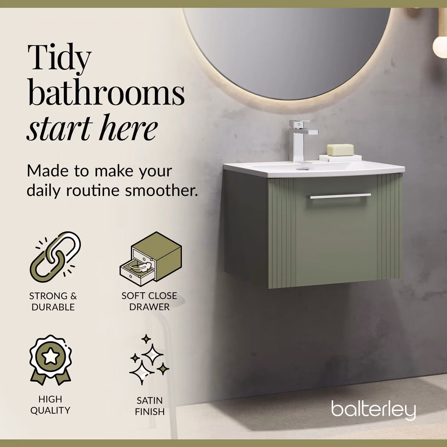 Balterley Wall Hung 1 Drawer Vanity Unit with Curved Basin, Satin Green, Width: 50 cm – 2