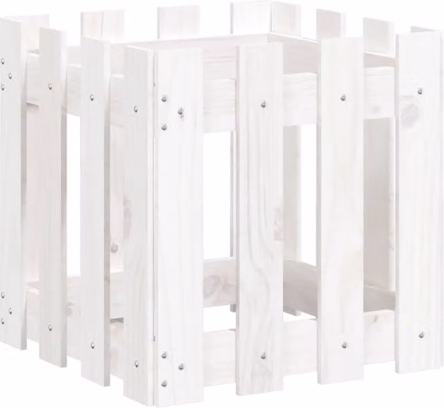 Berkfield Home Garden Planter with Fence Design in White, Solid Wood and Plastic, W/D/H: 40 x 40 x 40 cm