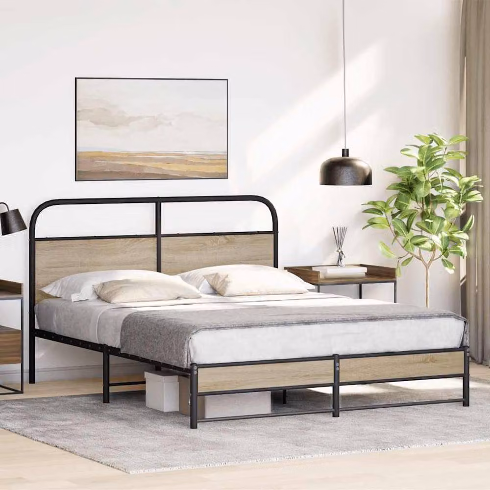 Berkfield Home Metal and Wood Bed Frame in Smoked Oak Brown, W/D/H: 160 x 200 x 166 cm – 2